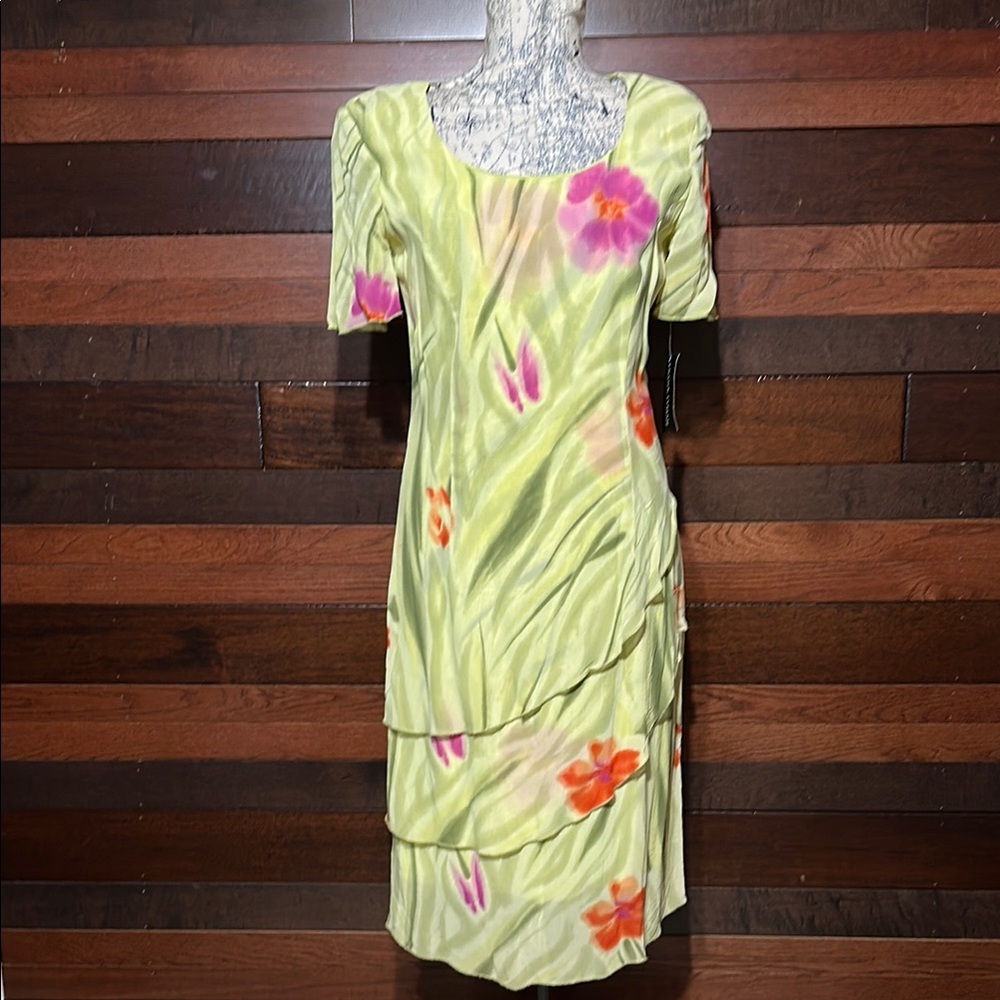 NWT Vintage 80s Frank Lyman Design Green Floral Midi Dress
